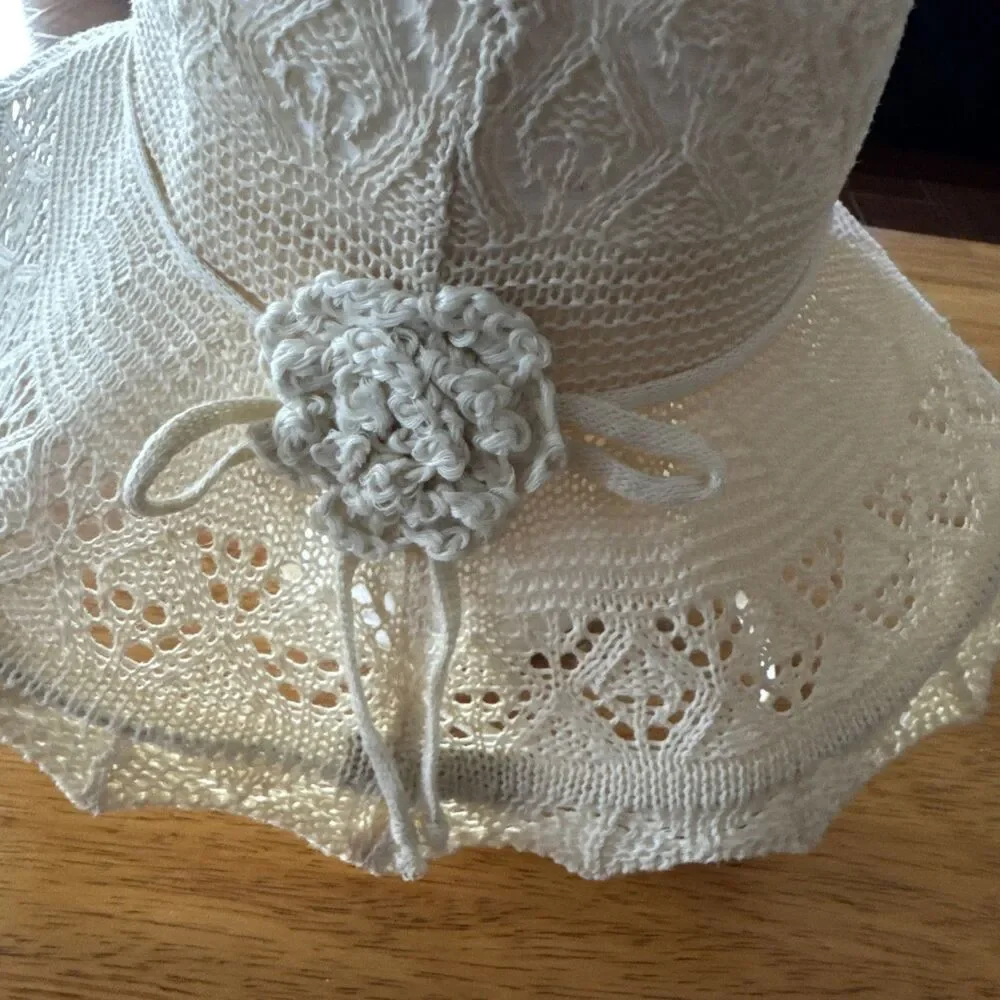 Vintage Grank Beige Sz L Lace Woven Summer Sun Hat Women's Floppy Beach Accessor